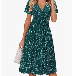 Ouges Casual Wrap V-Neck A-Line Green Polka Dot Midi Dress with Pockets XL